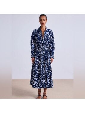 APIECE APART Sophia Smocked Shirt Dress Batik Geo Indigo 100% Cotton Large NWT